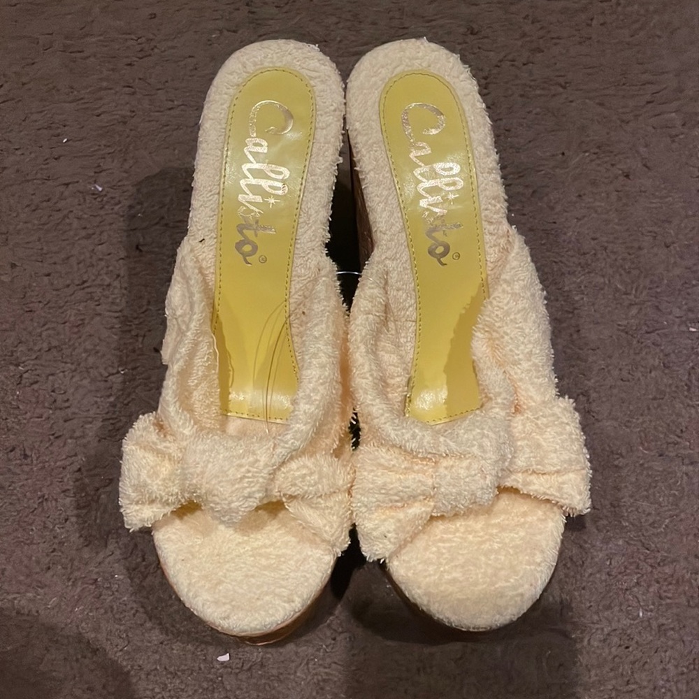 Yellow terry cloth wedge cork heels size 9 NWOT